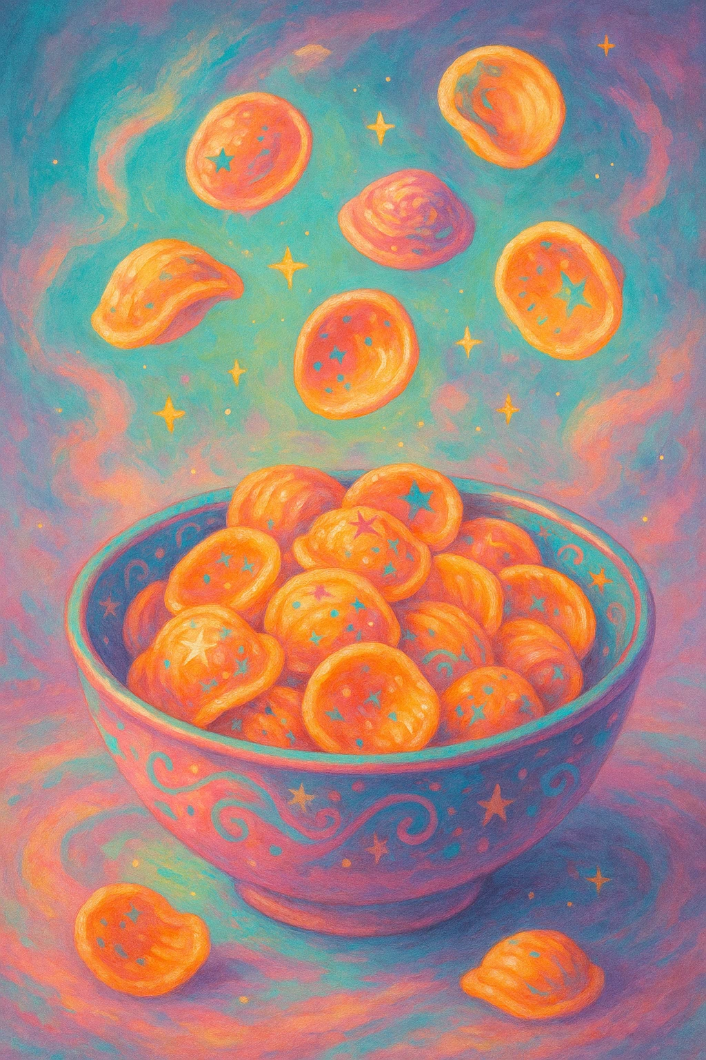 a surreal bowl of orecchiette pasta, dreamlike, floating shapes, unexpected colors, imaginative details emoji