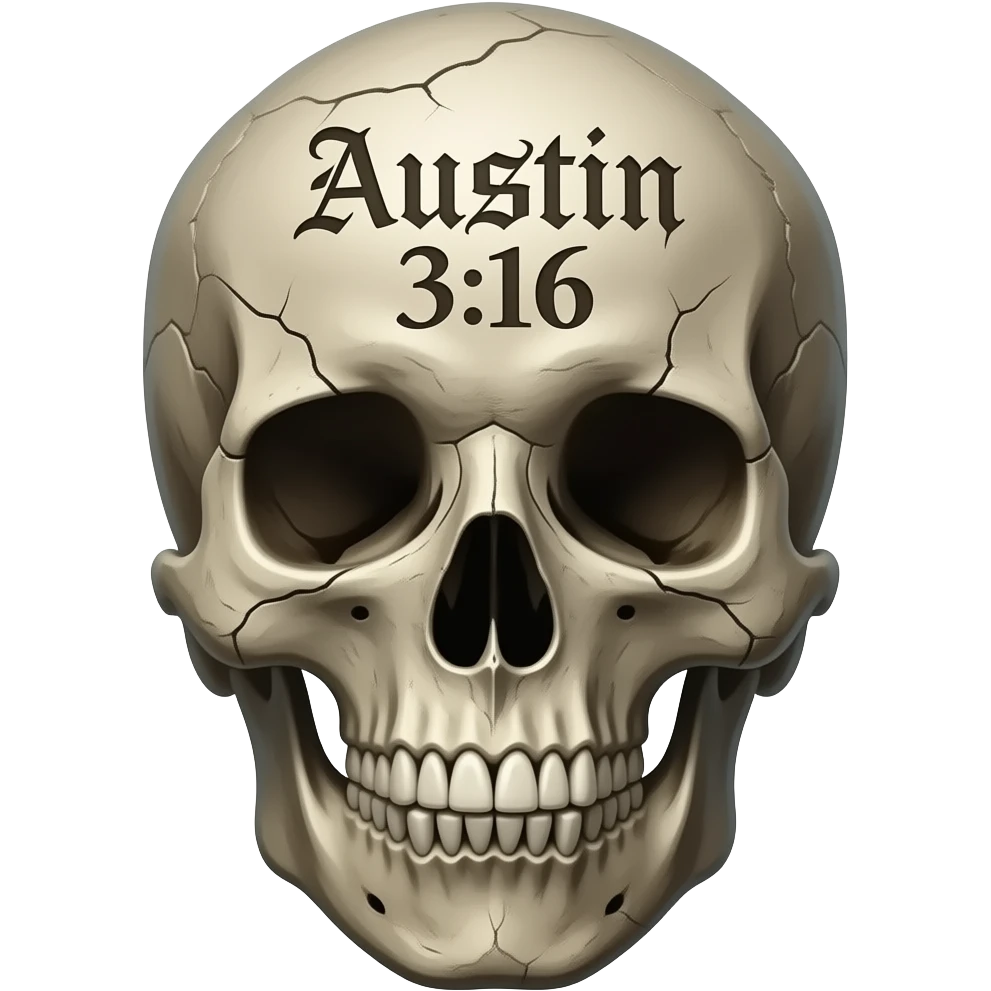 A human skull with the words Austin 3:16 carved in to its forehead in a Gothic font, show cracks, weathering, pieces missing emoji