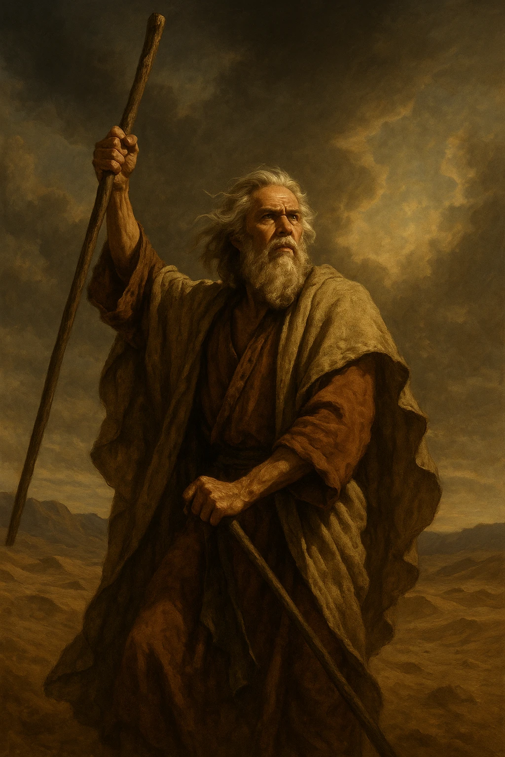 Moses standing with his rod, dramatic pose, ancient robes, desert background, iconic biblical scene emoji