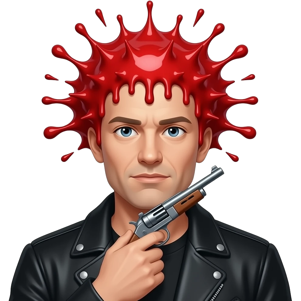 A white guy with a black jacket, his head is completely gone and replaced with a red liquid explosion completely covering his head, with a shotgun pointed up under his chin emoji