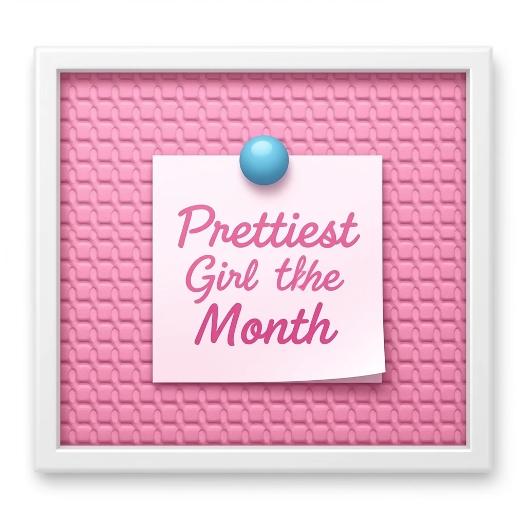 A cute pink wall with a bulletin board style announcement that says “Prettiest Girl of the Month”, pinned on the wall inspired by barbie colour palette emoji