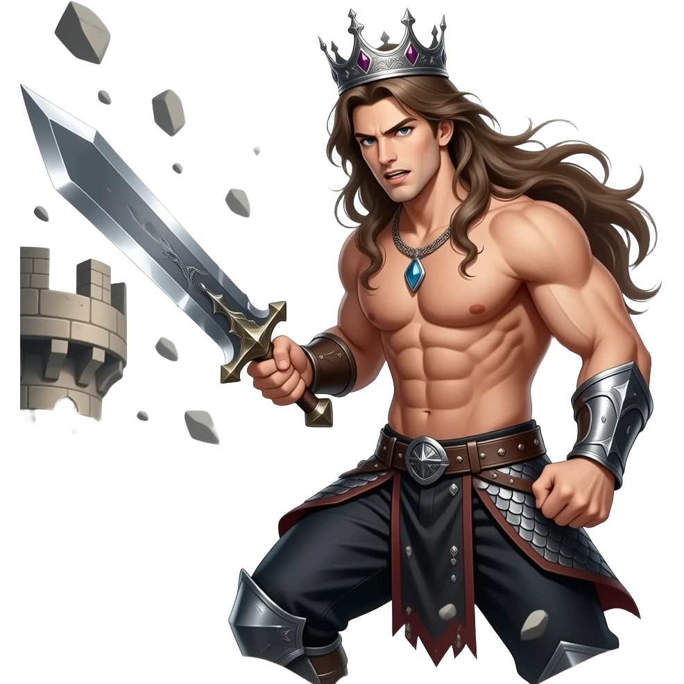 muscular shirtless twink king with extremely long hair destroying castle emoji