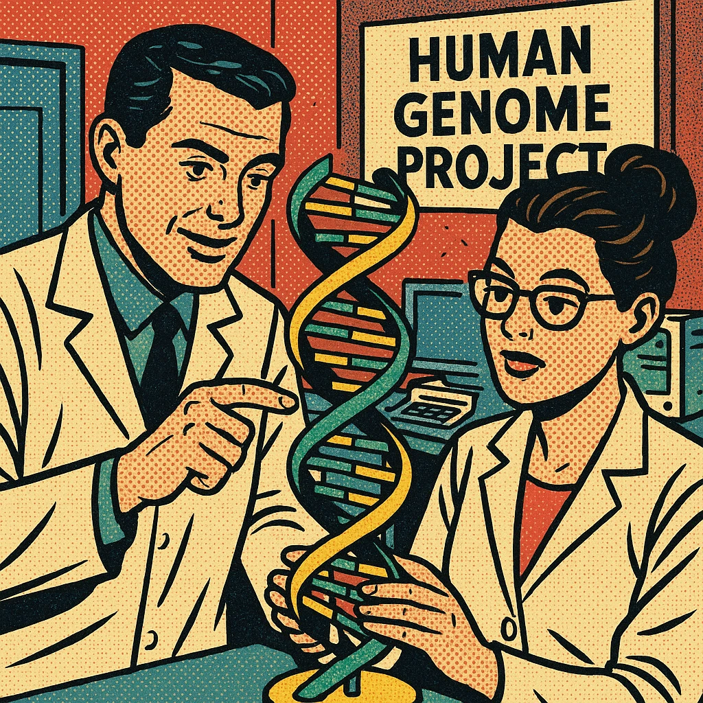 A male and female scientists carrying out medical research in a modern science lab.  A sign on the door in the background reads 'Human Genome Project' and the two scientists are studying the structure of DNA. There are computers from the 1990s in the background. emoji