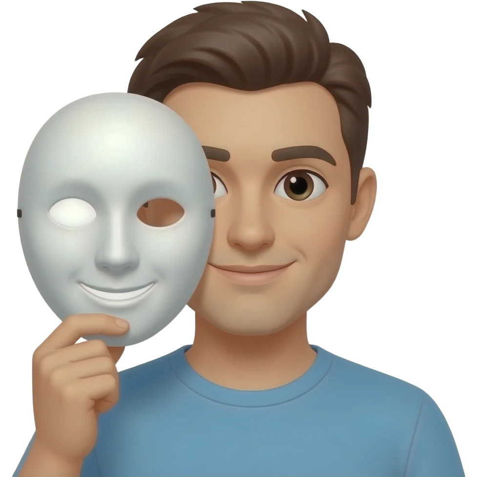 brown-haired man holding a white simple  round mask with two small black dot eyes and a curved smile, smooth over half their face emoji