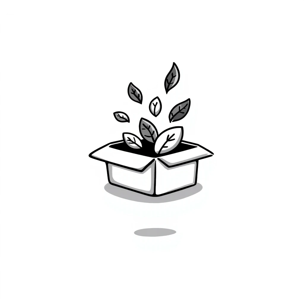 leaves bursting out of a gift box, hand-drawn doodle style emoji