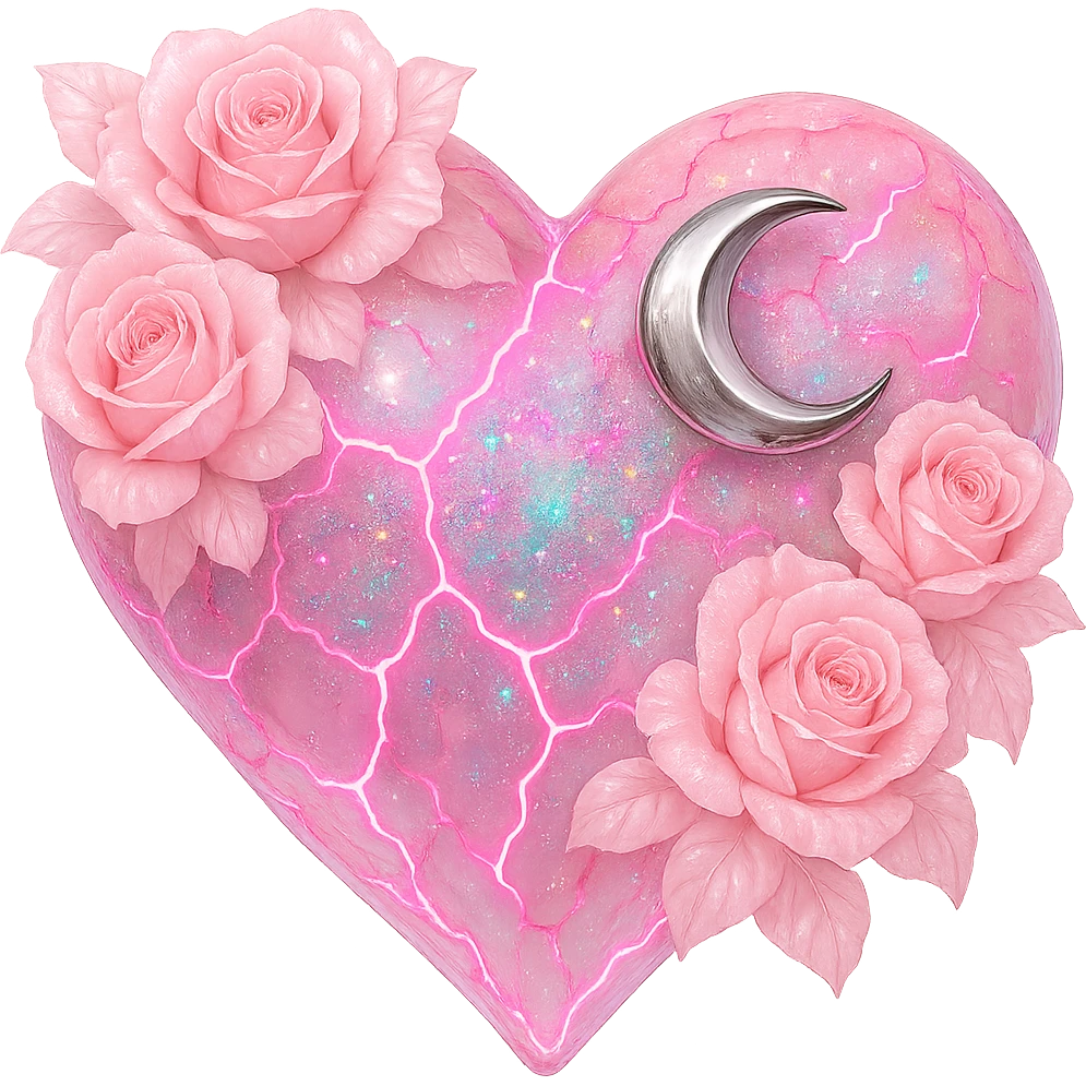Edit the gothic heart to have cracked light pink glass, a silver crescent moon, light pink roses, shimmering holographic stardust, neon lightning accents, and a glossy wet appearance. Keep the background transparent. emoji