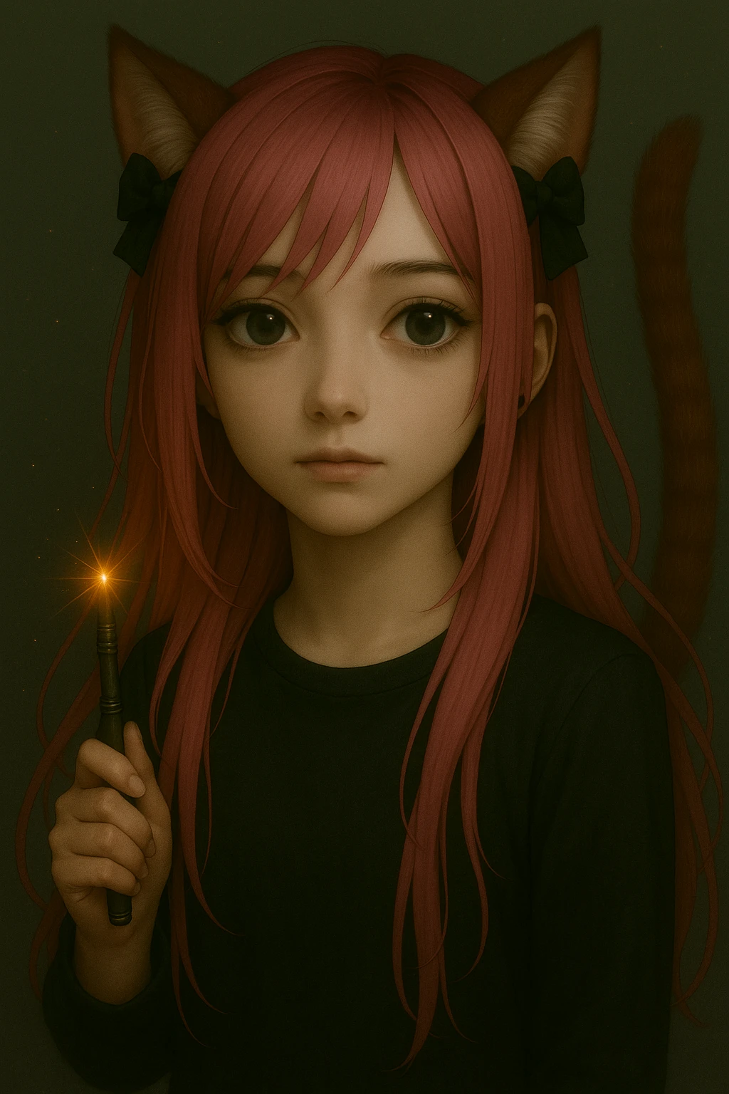 Change the character's facial expression to neutral with a calm and relaxed look, maintaining the emo style, pink hair, magical accessory, and sparkles. Render in a realistic anime style. emoji