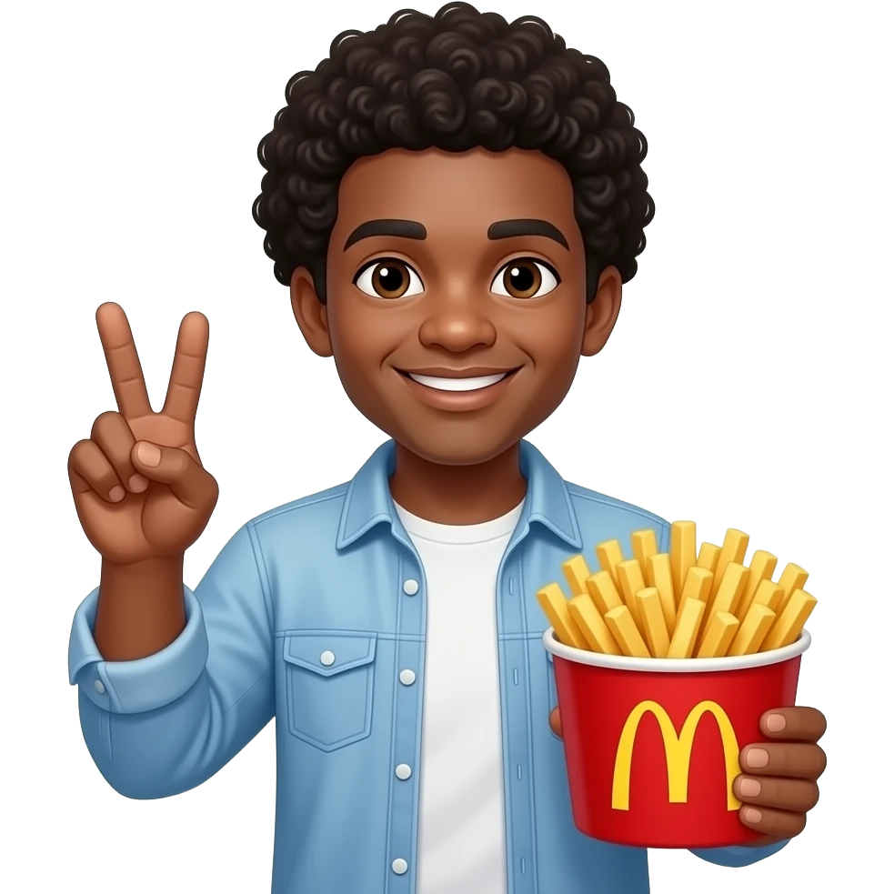 Darkskin Man with curls doing peace sign holding McDonald fries emoji