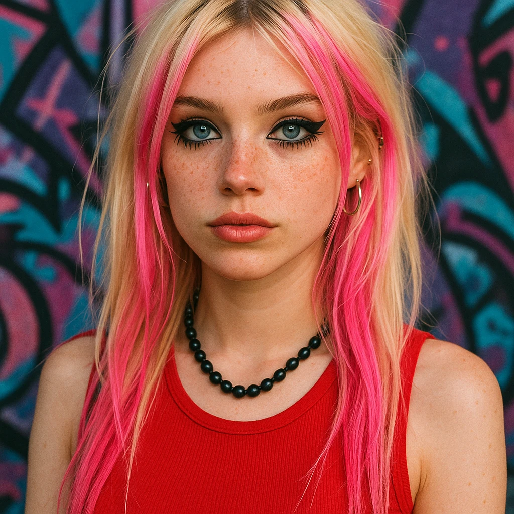Punk Y2K blonde girl, blue eyes, long hair with pink highlights, subtle black eye makeup, freckles, fake eyelashes, red top, black necklace. emoji
