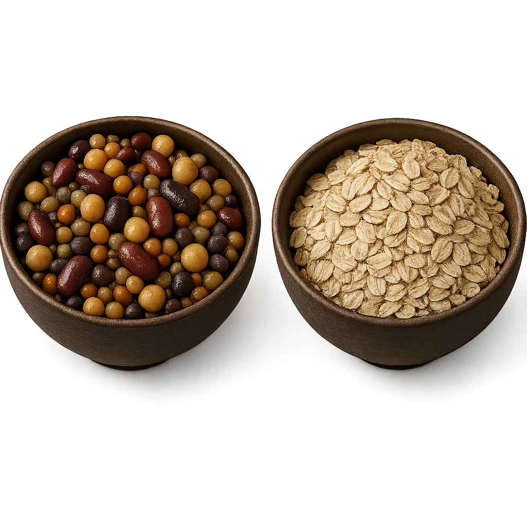 BOWL DI LEGUMI INSIEME A BOWL DI FIOCCHI DI AVENA POGGIATE,  iperrealistico 4k emoji