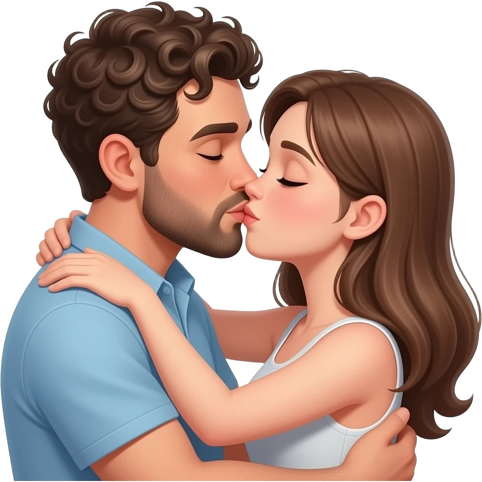 Realistic white man super short curly hair with beard kissing passionately and hugging realistic white girl brown hair emoji