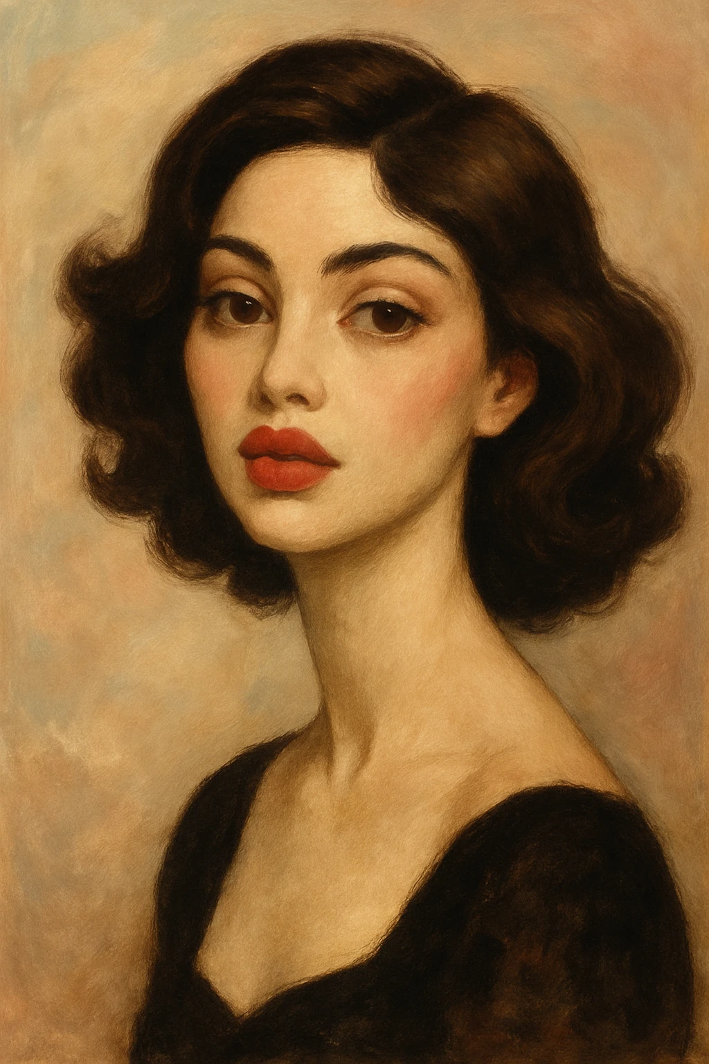 stylized portrait of a brunette woman with puffy lips, soft background emoji