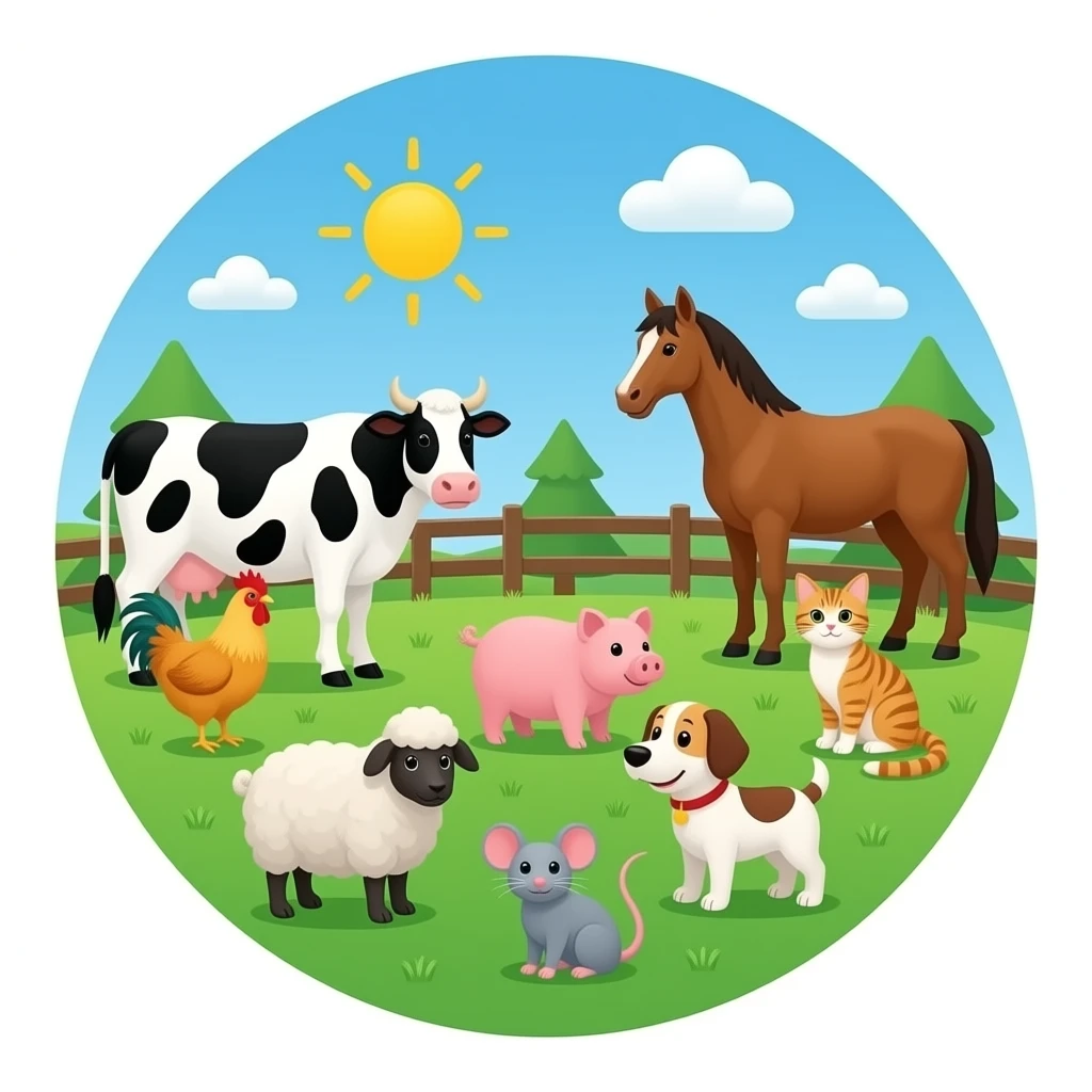 A barn with a circular background with a chicken, a cow, an ox, a horse, a cat, a pig, a sheep, a mouse, a dog emoji