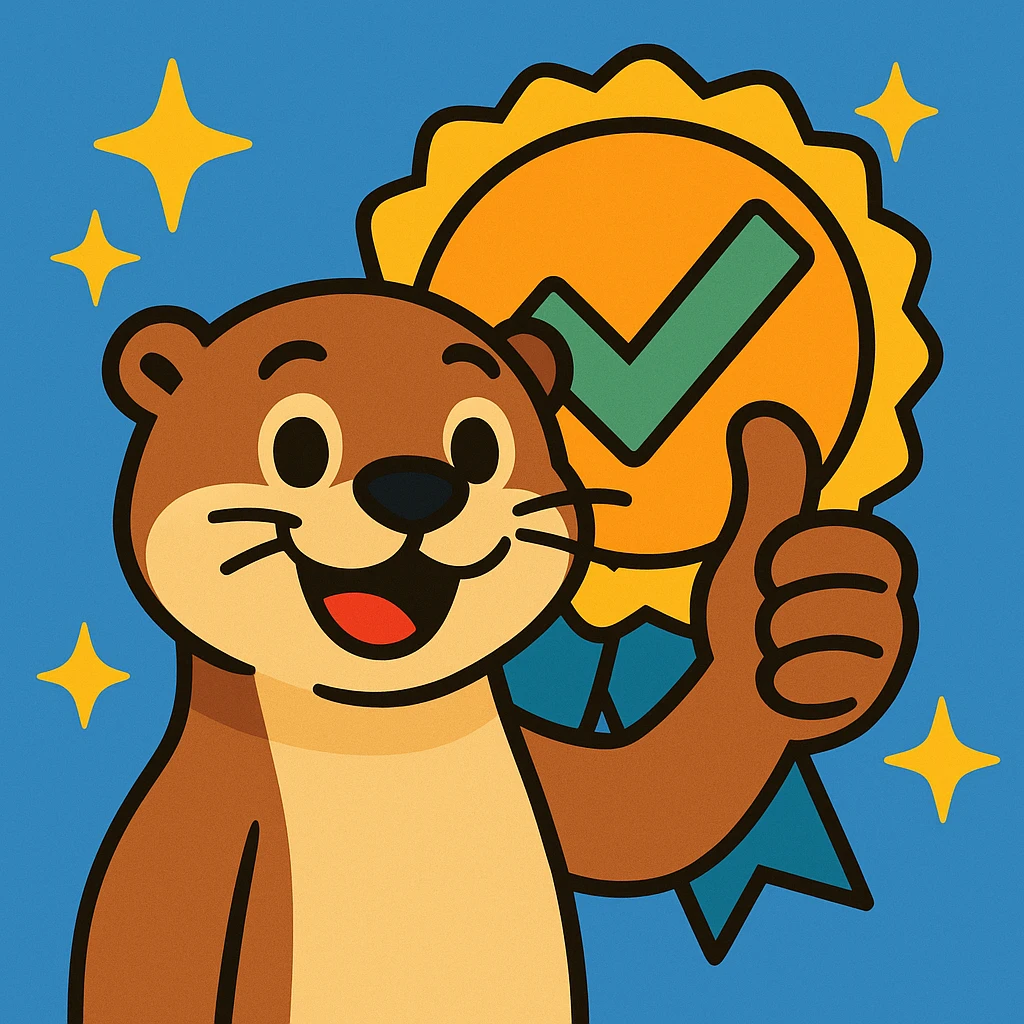 otter giving a thumbs up, surrounded by stars and an approval badge in the background, playful style emoji