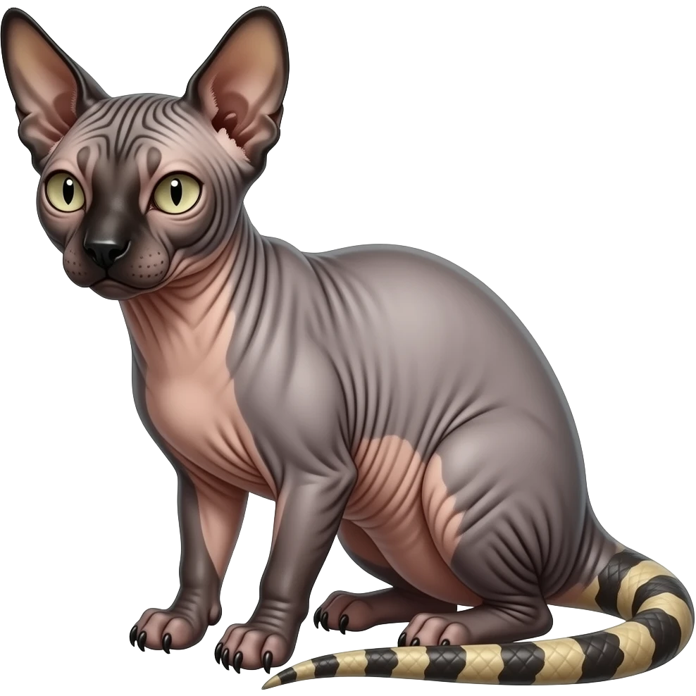 Realistic cute Flurry furry scary slimy oily glossy wet gloomy dusky scaly sergal-serval-possum-sphynx-Koi-sergal-fusion-animal-hybrid-creature with a snake-tail emoji