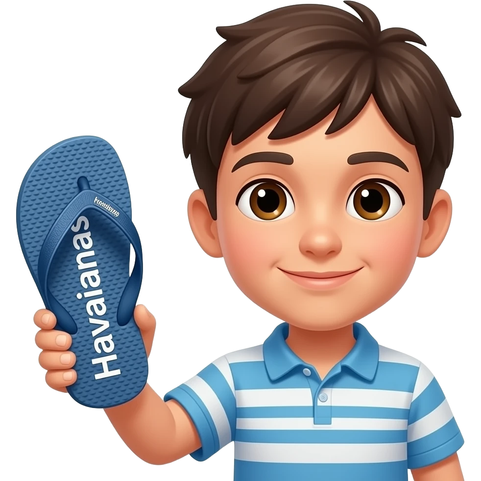 Um menino levando uma cinelada da mãe dele e ele está levando essa pisa com uma chinela havaianas embaixo da chinela está escrita havaianas e em cima também emoji