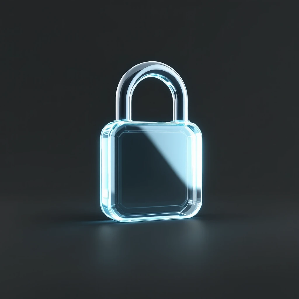 Photo of a 3d made of glass padlock, black solid background, symmetrical 3d render, rim light emoji