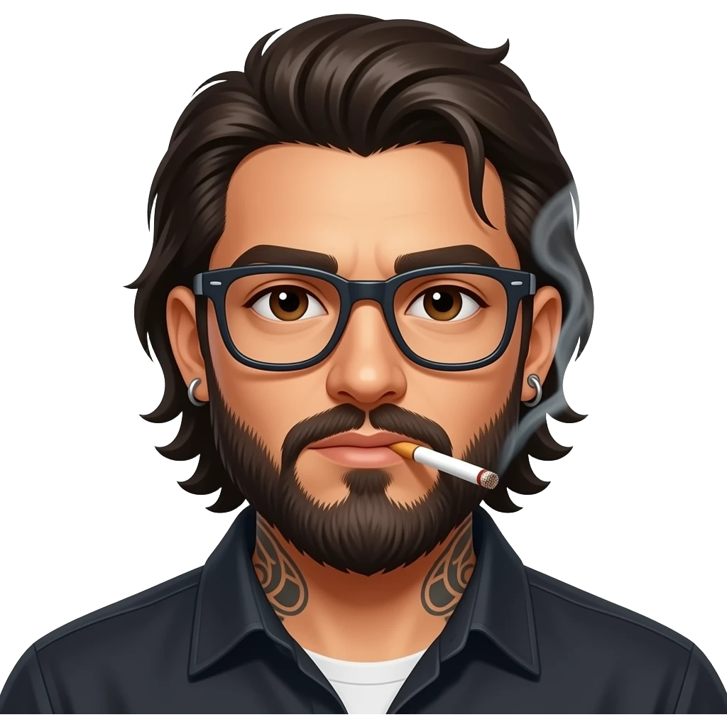 The handsome manly Latino podcast host with medium length hair, a long beard and tattoos with his ears pierced and a nose ring on the right side, dark brown eyes, dark glasses, smoking cigarettes emoji