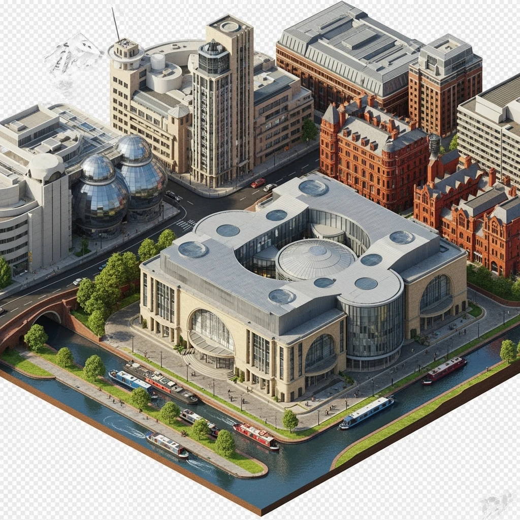 Isometric illustration of Birmingham, featuring the Library of Birmingham with its modern architecture and nearby canals, highly detailed in semi-realistic style, balanced between stylized and realistic, 3D miniature effect, transparent background. emoji