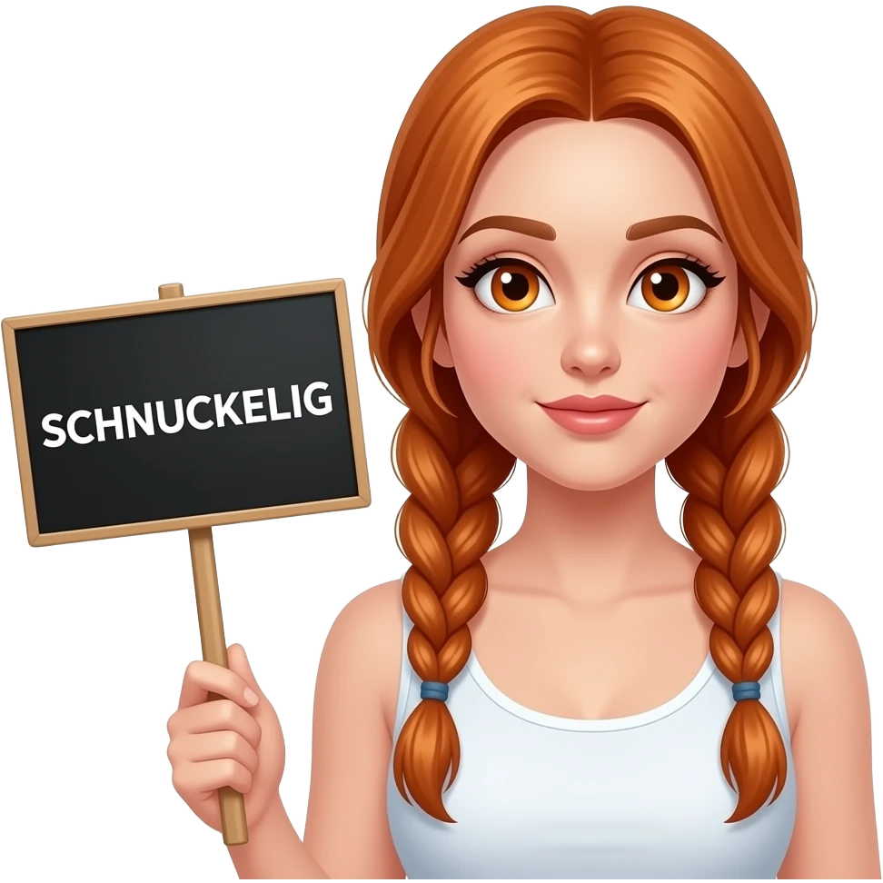 sexy girl with long ginger braids and ginger eyes wearing a white tanktop is holding a black sign with SCHNUCKELIG written on it emoji