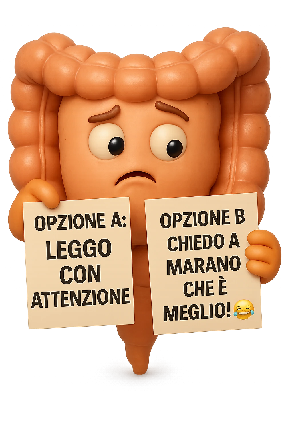 SU QUESTO STILE FAI UN EMOJI STILE IPHONE 3D DI UN INTESTINO CHE HA nella mano destra "OPZIONE A: LEGGO CON ATTENZIONE" E NELLA MANO SINISTRA" OPZIONE B: CHIEDO A MARANO CHE è MEGLIO! (METTICI UNO SMILE CON RISATE QUI)", FAGLI UN ESPRESSIONE CONFUSA MENTRE GUARDA L'OPZIONE A E FALLO MOLTO REALISTICO IN 3D emoji