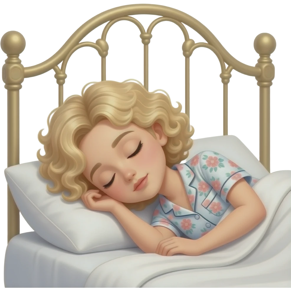 blonde tight curly hair in a short bob sleeping on a Victorian bed on my side with short sleeve floral pjs emoji
