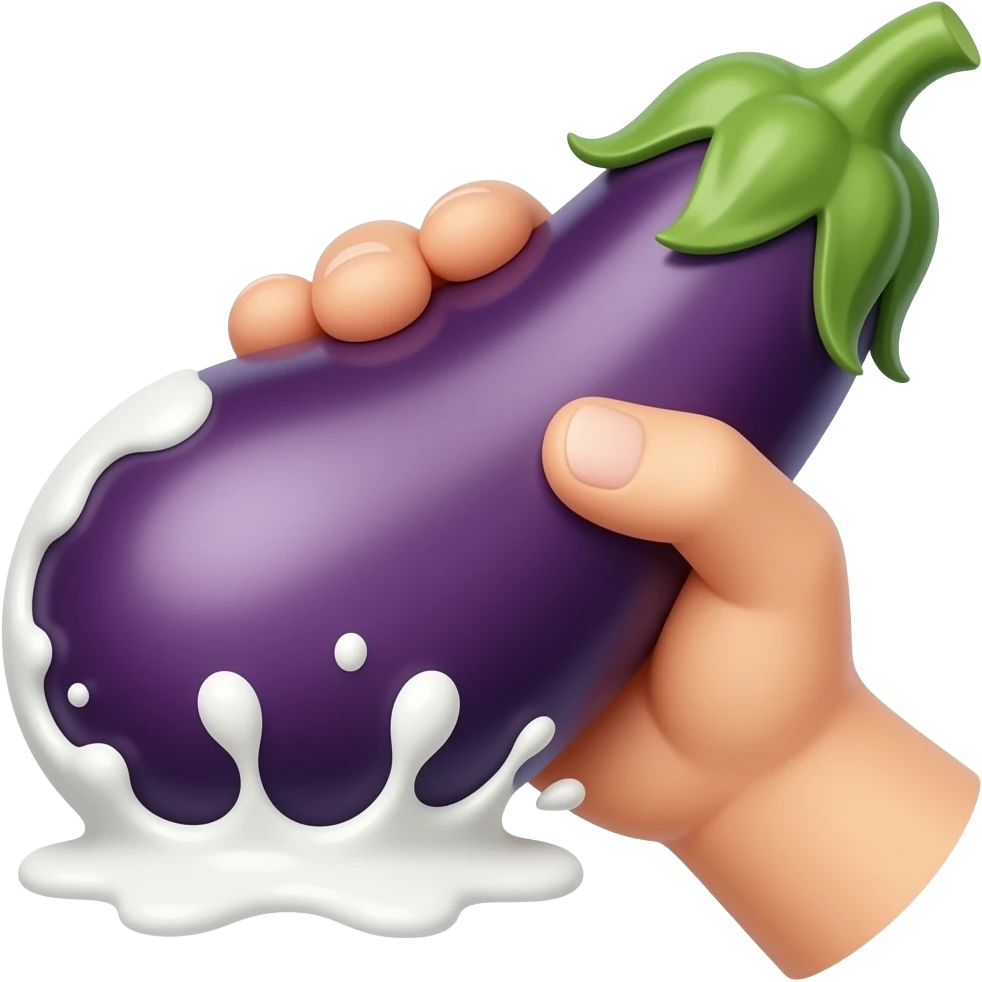 Eggplant eruption milk at the bottom of the eggplant with hand on tip and emoji