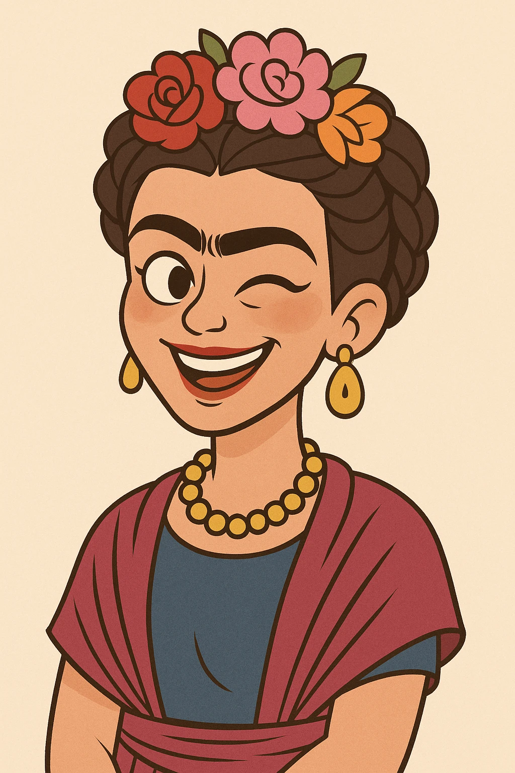 Frida Kahlo souriante qui fait un clin d'œil, style cartoon coloré, traits expressifs, fond clair emoji