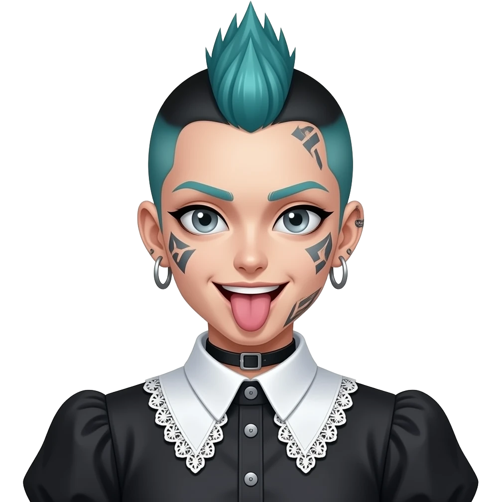 anime girl, silly face, tongue out, face tattoos, mohawk teal hair, grey eyes, black shoulder cyberpunk blouse with fancy white collar emoji