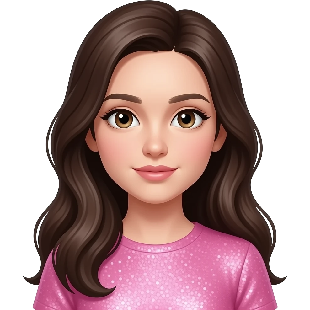 HT - hazel eyes, pale skin, dark brown long hair, glitter, pink clothes emoji