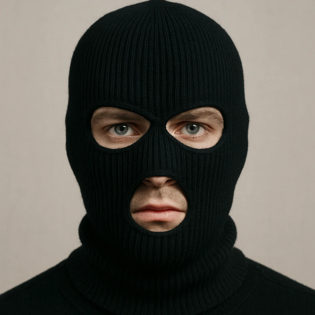 a white male face covered by a black ski mask, minimal background emoji
