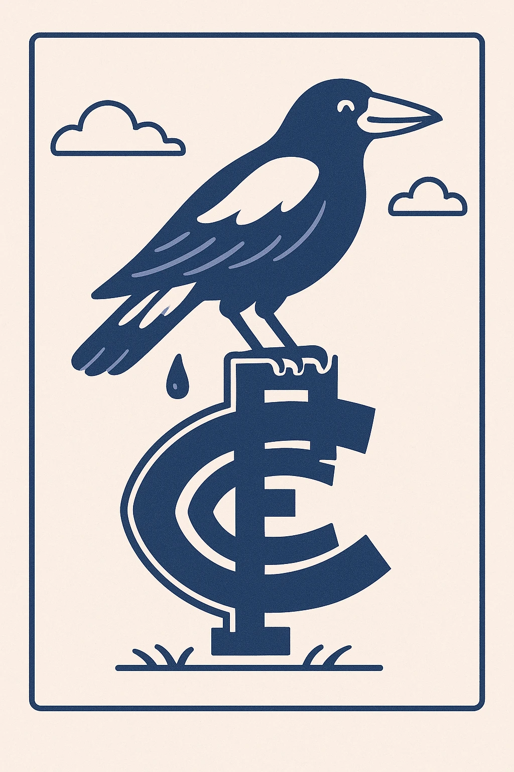 humorous cartoon style of a Collingwood Magpie pooping on a bold black and white Carlton logo, Australian Football League rivalry emoji