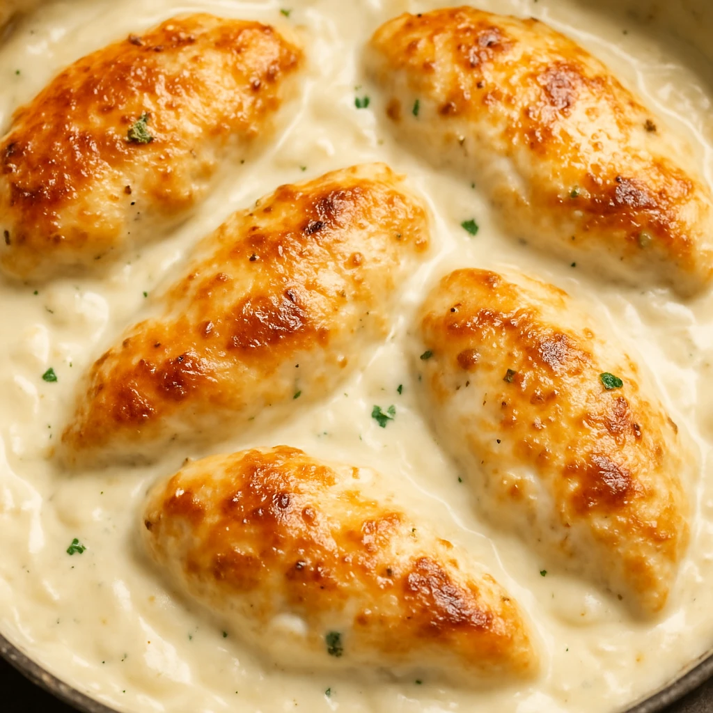 creamy chicken, golden brown pieces, creamy white sauce, inviting, no text emoji