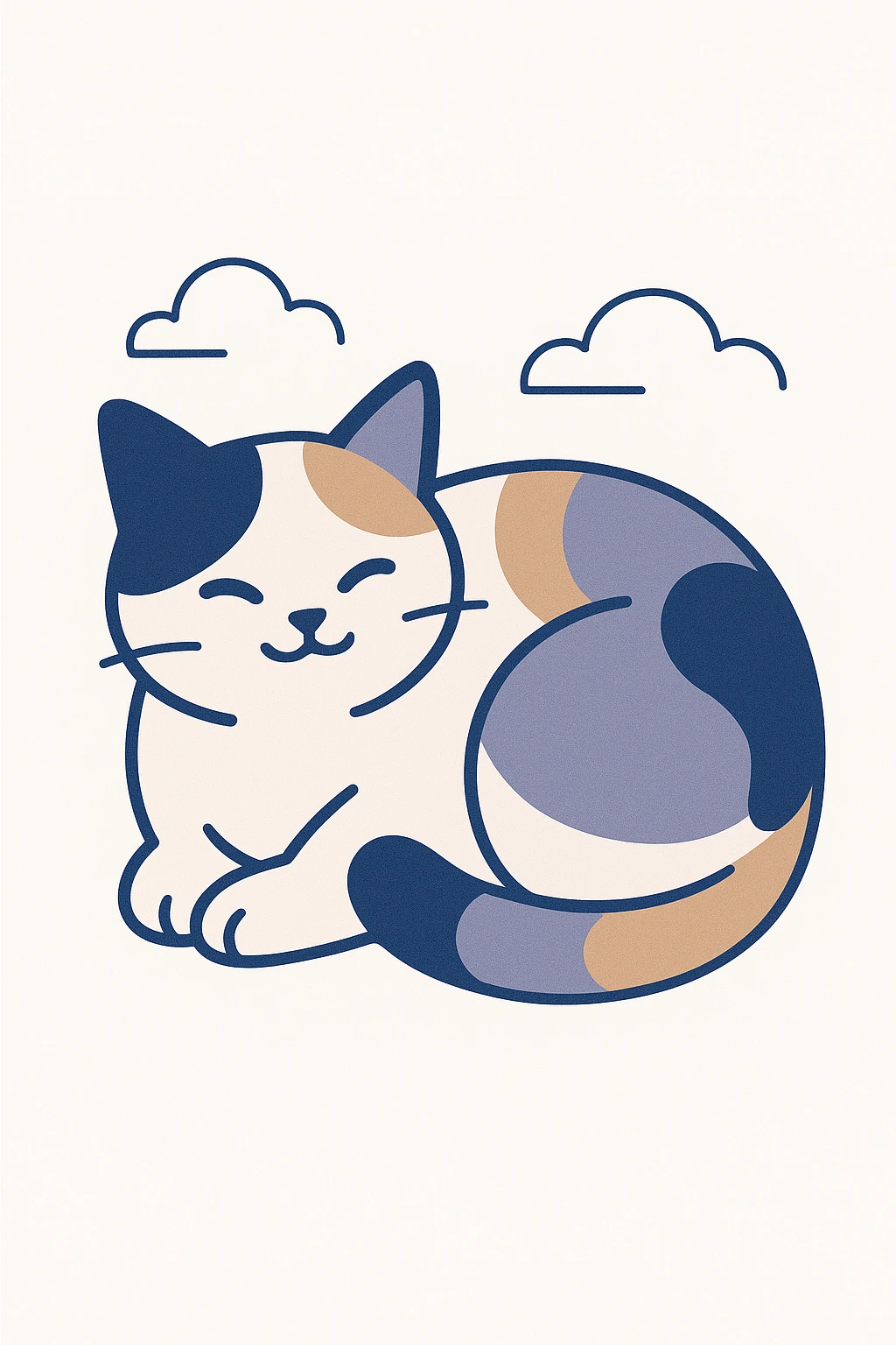 a three colour cat with calico pattern, curled up, adorable, white background emoji
