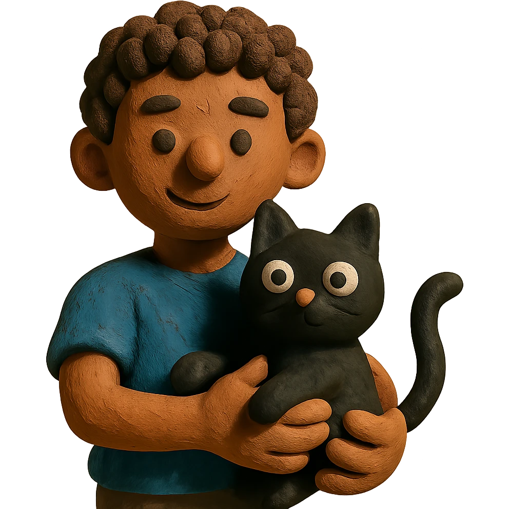 young male with brown light skin, slightly curly hair, holding a black cat emoji