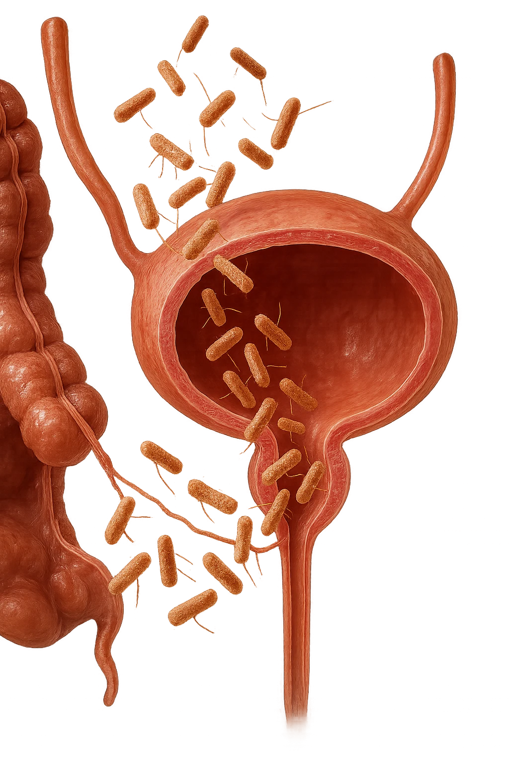 batteri intestinali che migrano ed entrano in una vescica anatomica realistica per infettarla, iperrealistico 4k emoji