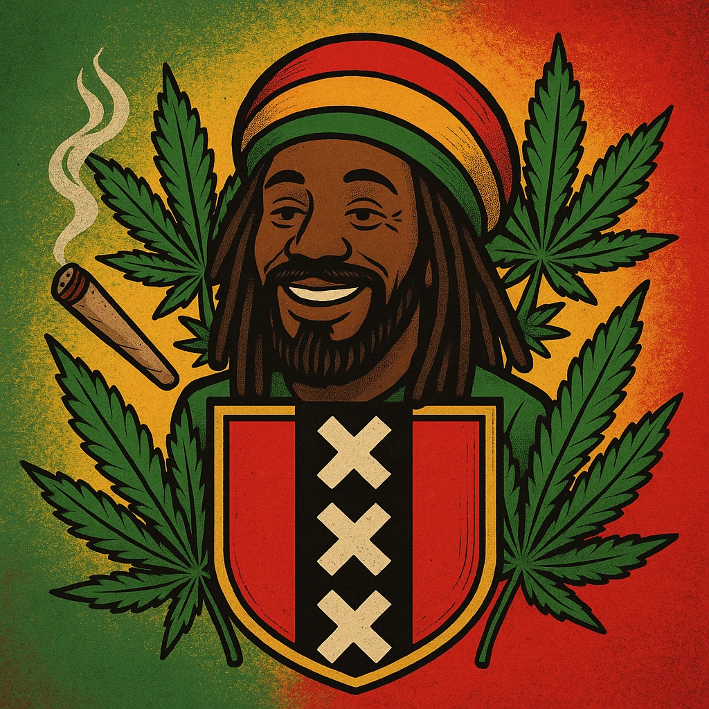 Create a digital illustration of a Rasta man with a friendly expression, wearing a red, gold, and green tam (Rastafarian hat), with dark brown skin and dreadlocks. Place him inside a bold, stylized Amsterdam coat of arms flag. The flag should have red, black, and gold tones with three white Xs in a vertical black stripe in the center. Surround the coat of arms with vibrant green cannabis leaves, a smoking spliff with rising smoke on the left side, and a textured reggae-colored background blending green, gold, and red. The style should be vintage, bold, and clean — like a high-quality reggae poster with modern emoji art flair. emoji