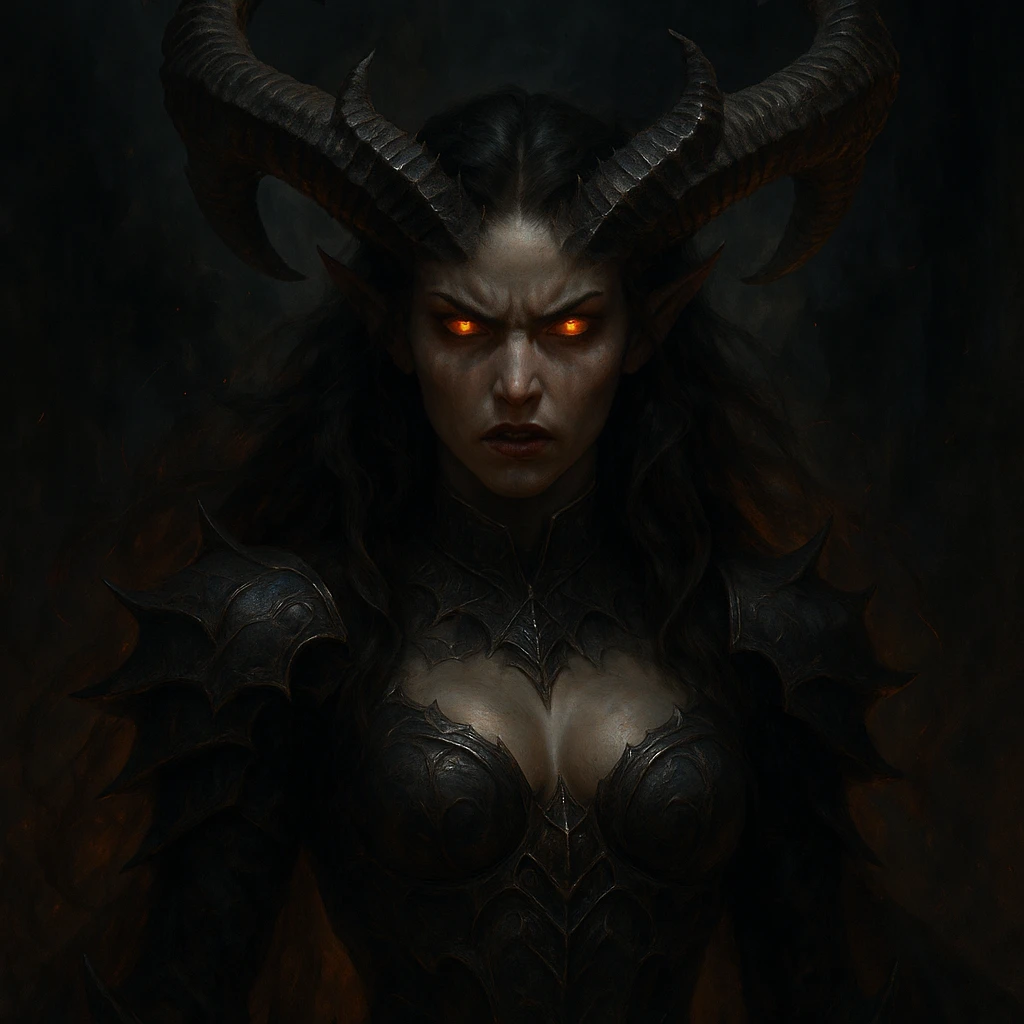 demon queen with horns and brown hair, fierce expression, glowing eyes, fantasy art emoji