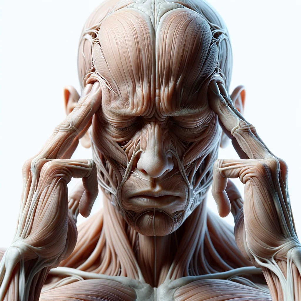 corpo umano anatomico con espressione stanca e stressata in volto, si tiene le dita sulle tempie per calmare il mal di testa, iperrealistico 4k, isolato su sfondo bianco emoji