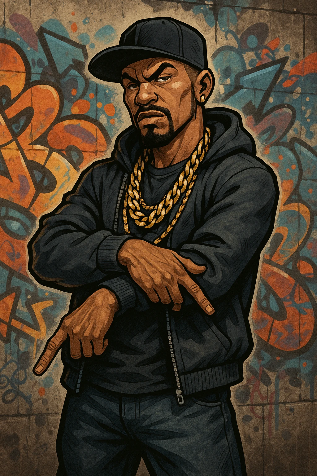 gangster character, urban street style, gold chains, confident pose emoji