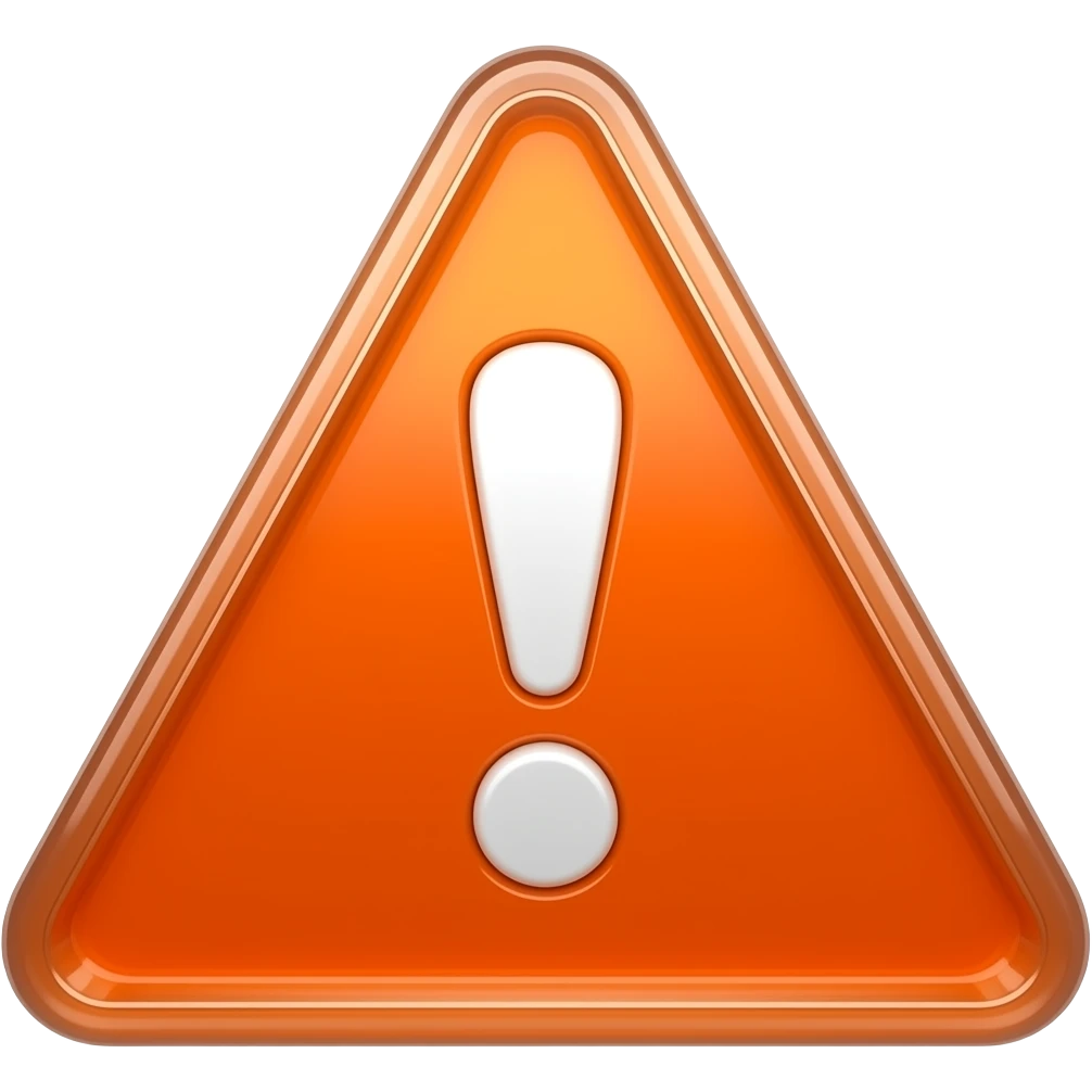 Glossy orange warning triangle with a white exclamation mark, 3D glass texture, vibrant safety orange, soft shadows. emoji