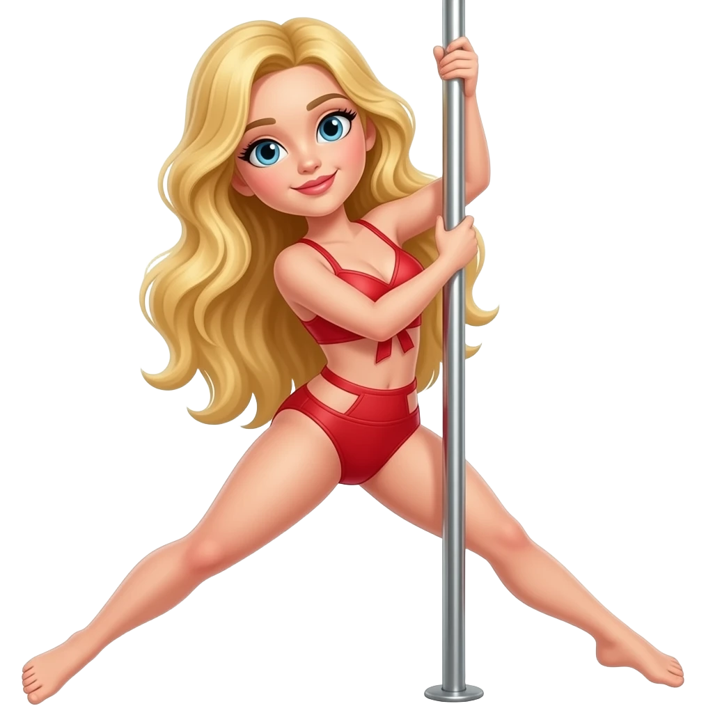 Gorgeous long blonde hair eye girl wearing red two piece costume practicing pole dancing emoji