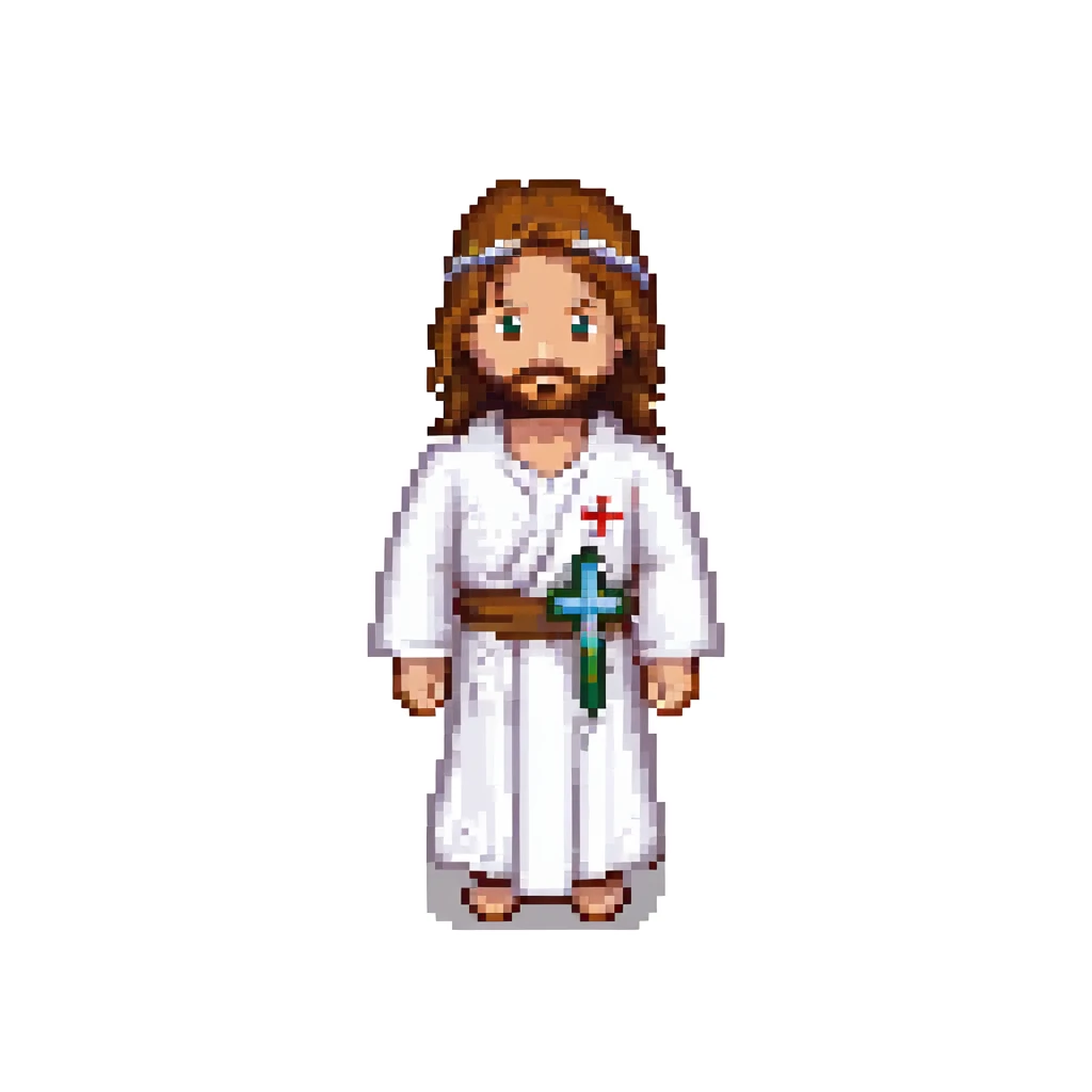 pixel art Jesus, small sprite, brown hair, white robe, cross in background emoji