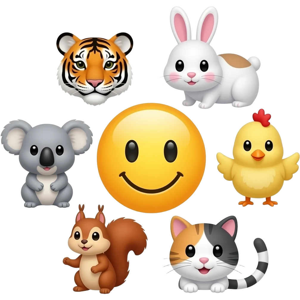 emoji yellow smiley in the center serounded in circle  🐯🐰🐹🐨🐥🐿 🐱 emoji