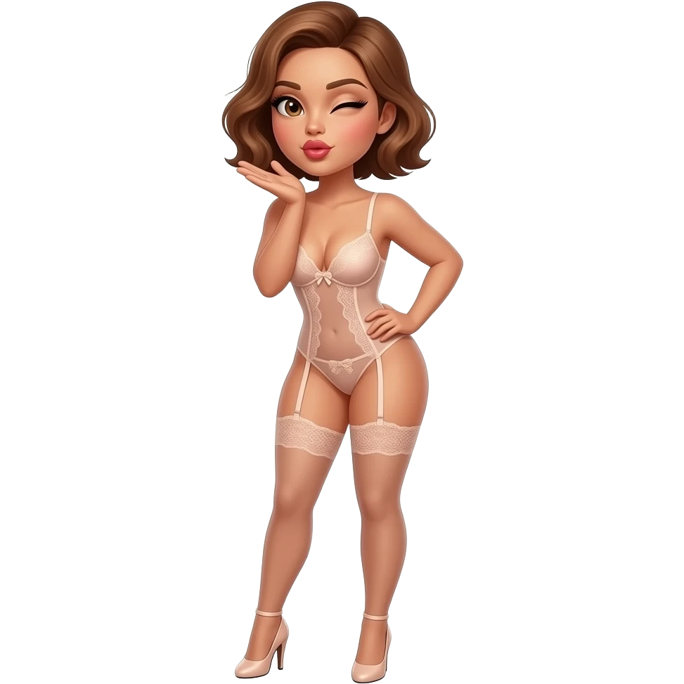 glamours,-tanned,-very-beautiful-woman-with-big-plump-rose-beige-lips,-long-lashes,-honey-silky-very short- hair,-wavy-hair,-hazel-eyes-wearing-nude-lace-lingerie-nude-stilettos-Looks-sexy-winking-blowing-kiss-from-hand-full-body emoji