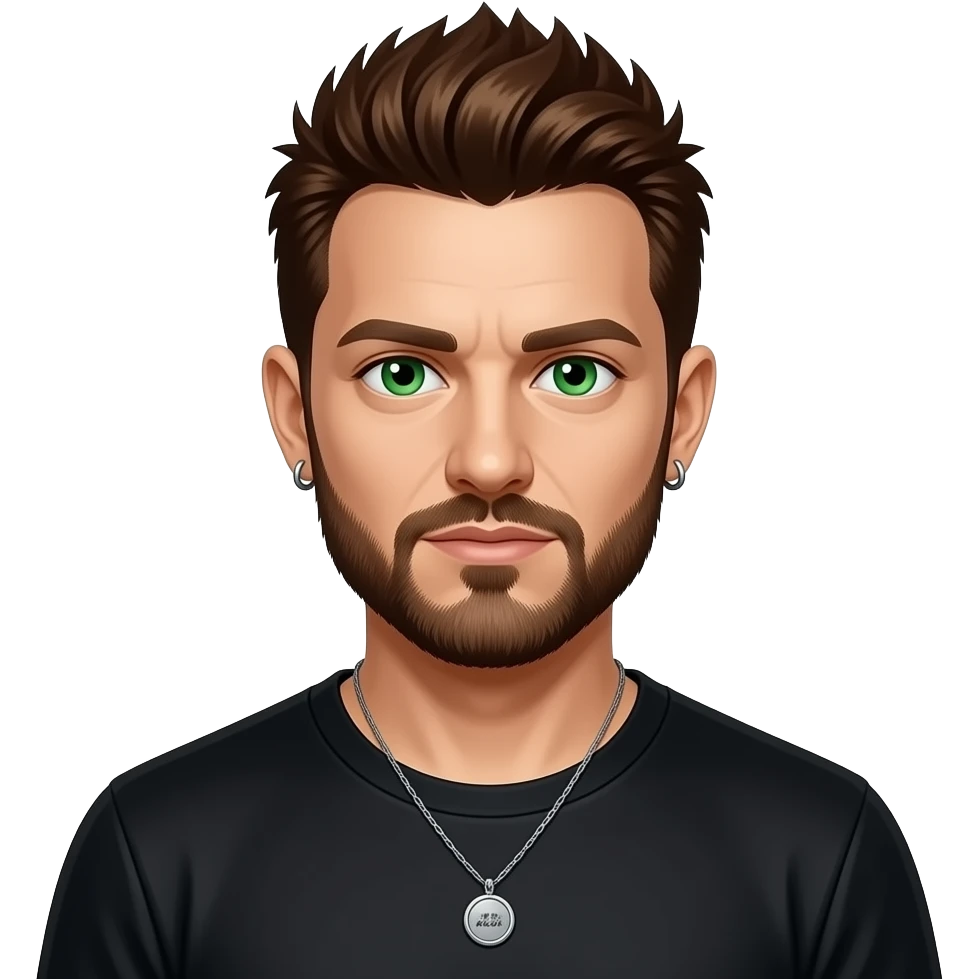 Dave Farrell from Linkin Park with green eyes, dark auburn spiky hair and short beard, black metallic t-shirt, necklace and earrings emoji