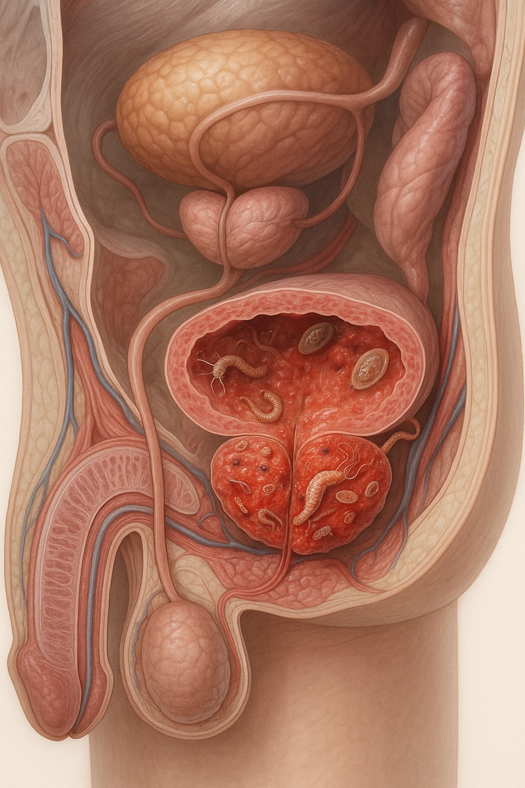 Vertical, hyper-realistic 3D cutaway illustration: the human body is shown in semi-transparent layers, exposing various types of problemi alla prostata a causa dei parassiti emoji
