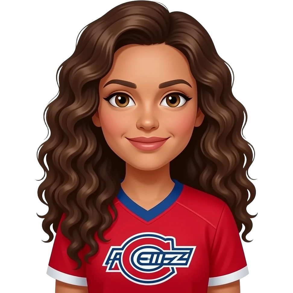 Habs fan red jersey emoji, tanned lady with long brown curly hair emoji