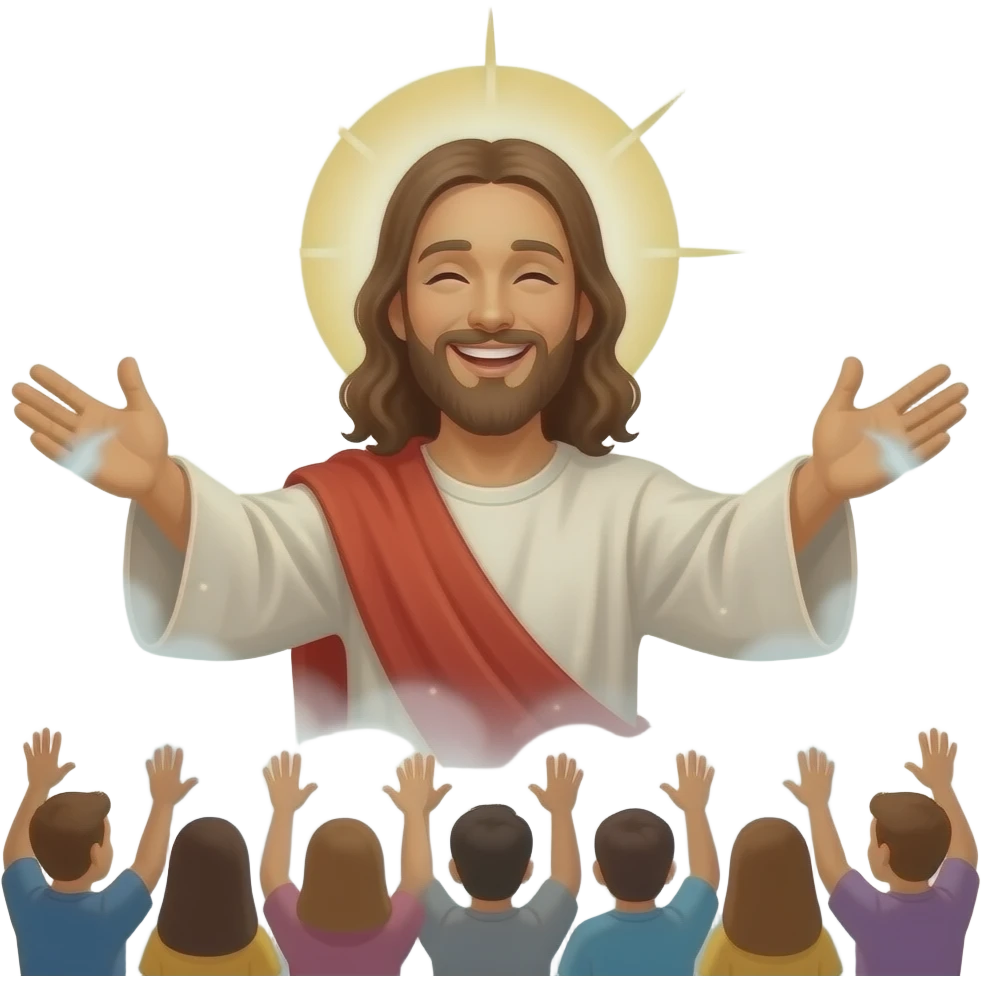 Jesus performing miracles with his hands which hold a mystical magic mist with sparkles and with a smile on his face And his hands stretched out on a crowd of people emoji