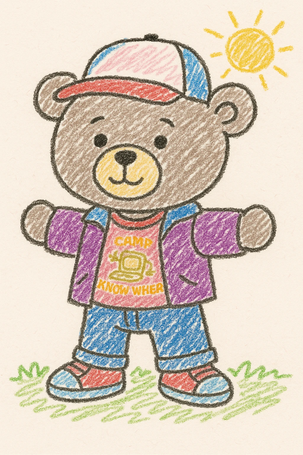 Add iconic clothes of Dustin from Stranger Things to the cartoon teddy bear: a fun t-shirt with print, jacket or vest, jeans, sneakers, keeping the colorful cap and the coloring book style with clean lines ready for coloring. emoji